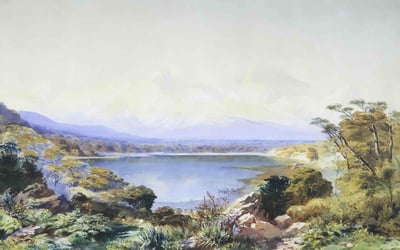 A painting of a remote lake with blue water
